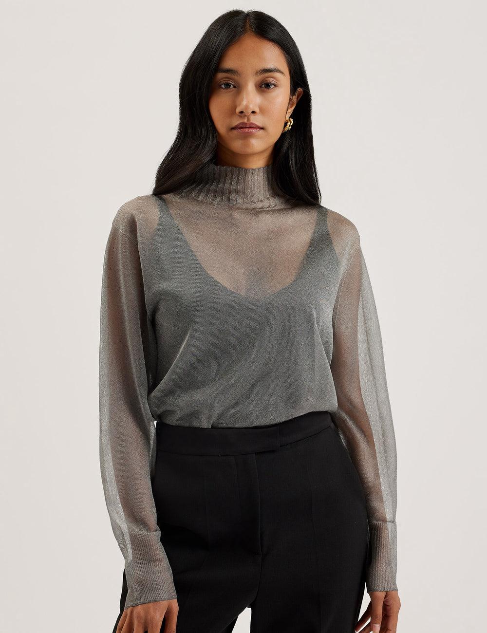 Dk-Grey Women Ted Baker TAYLAW - Shimmer Sheer Knit Funnel Neck Top Jumpers | NZ  BJDI-30289