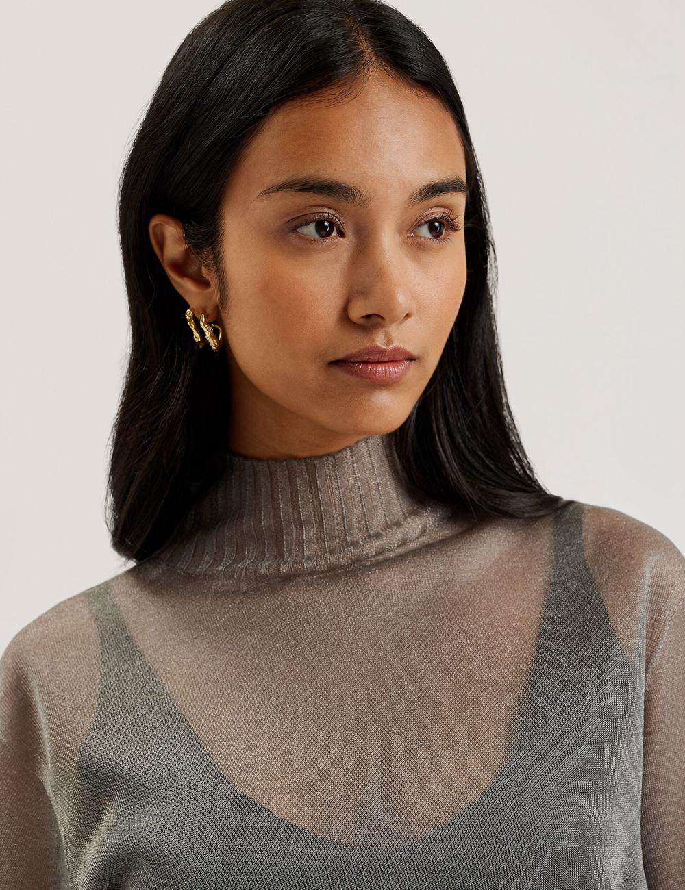Dk-Grey Women Ted Baker TAYLAW - Shimmer Sheer Knit Funnel Neck Top Jumpers | NZ  BJDI-30289