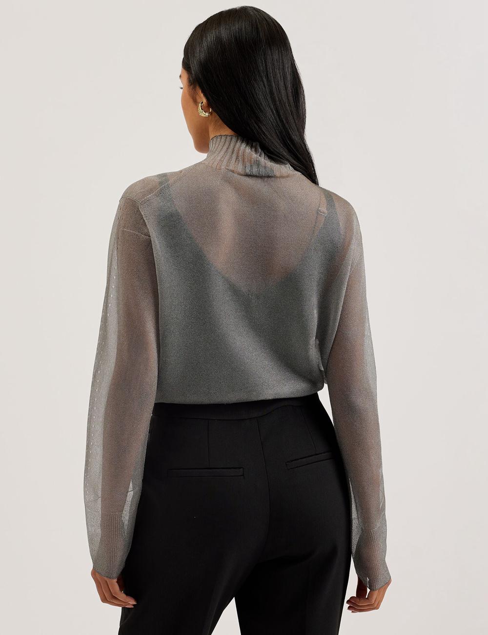 Dk-Grey Women Ted Baker TAYLAW - Shimmer Sheer Knit Funnel Neck Top Jumpers | NZ  BJDI-30289