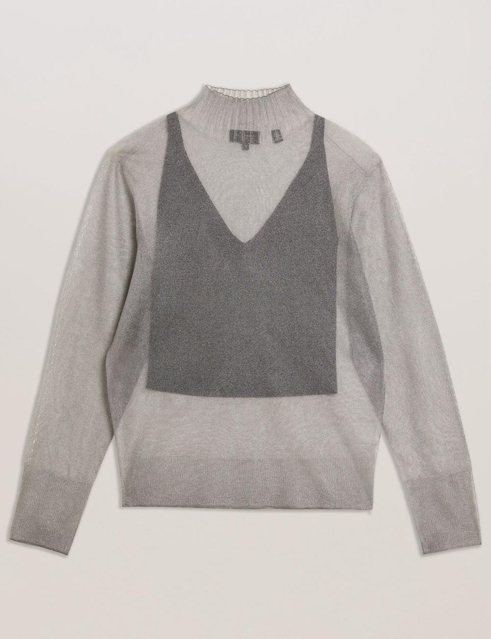 Dk-Grey Women Ted Baker TAYLAW - Shimmer Sheer Knit Funnel Neck Top Jumpers | NZ  BJDI-30289