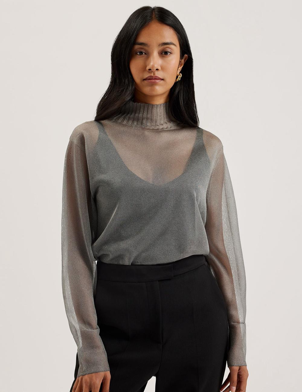 Dk-Grey Women Ted Baker TAYLAW - Shimmer Sheer Knit Funnel Neck Top Jumpers | NZ  BJDI-30289