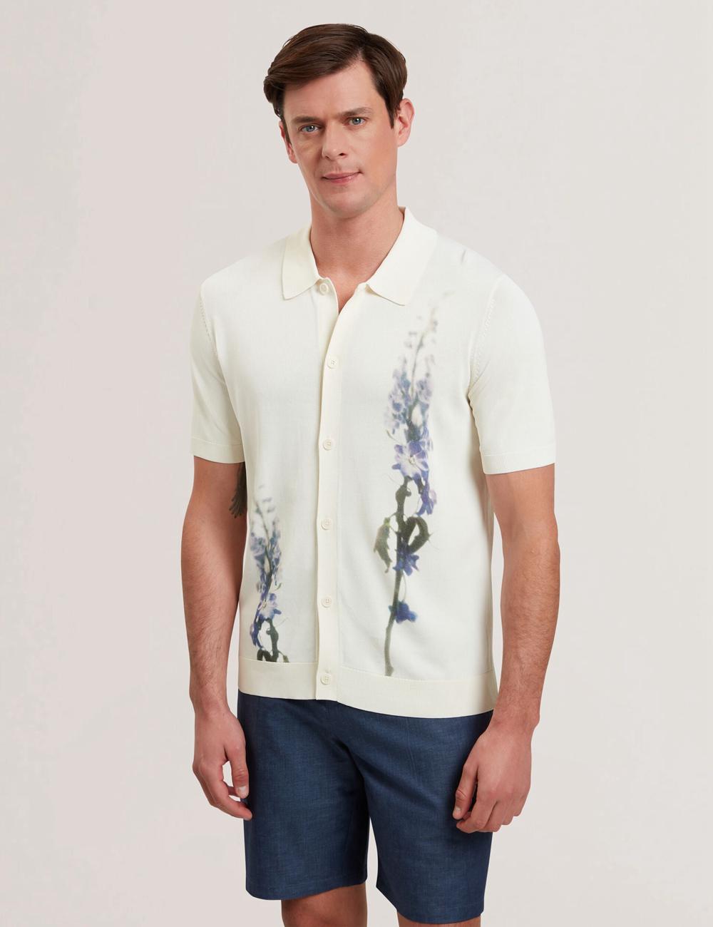Ecru Men Ted Baker RUITS - Short Sleeve Floral Placement Polos Shirts | NZ  FQDS-08356