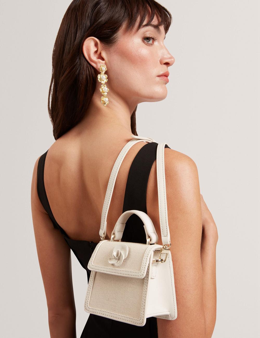 Ecru Women Ted Baker AUDOU - Rose Detail Canvas Mini Top Handle Crossbody Bags | NZ  NUVH-76123