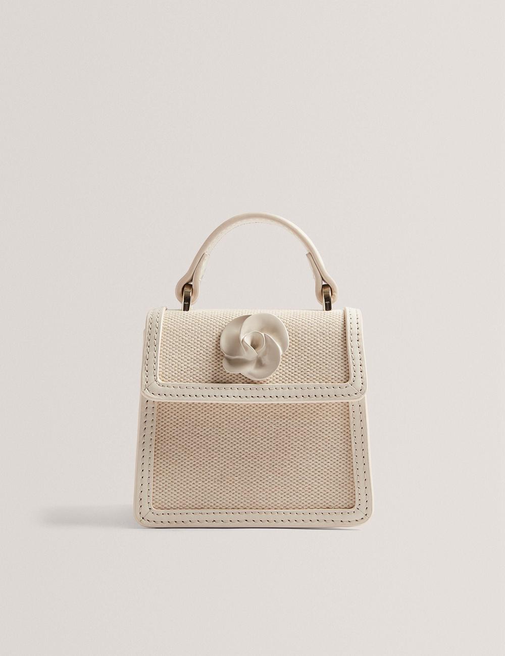 Ecru Women Ted Baker AUDOU - Rose Detail Canvas Mini Top Handle Crossbody Bags | NZ  NUVH-76123