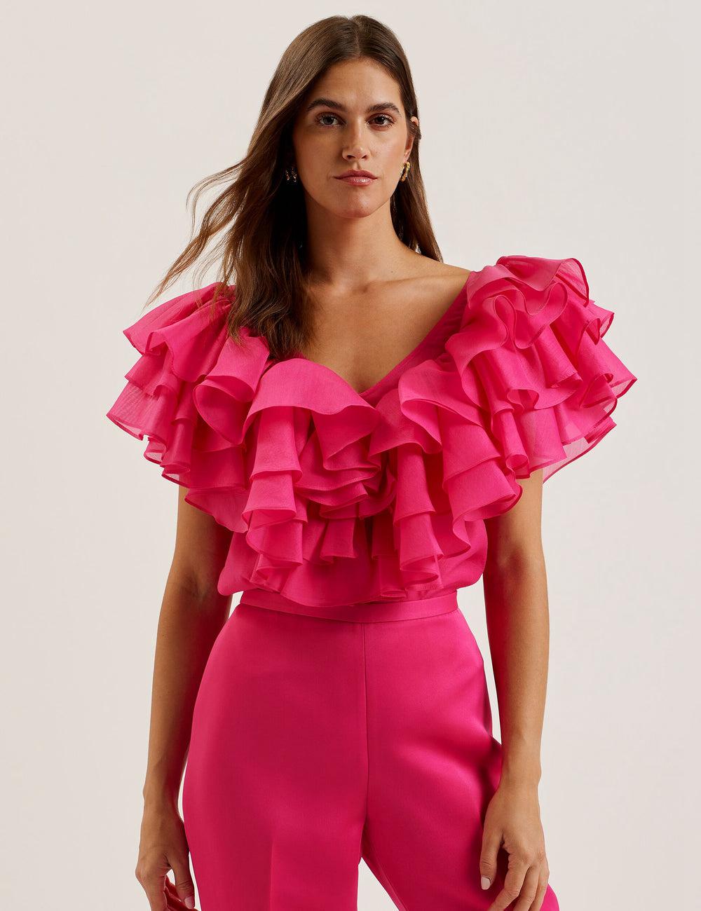 Fuchsia Women Ted Baker CALONDA - Oversized Frill Trim V-Neck Top Blouses | NZ  UALZ-26178