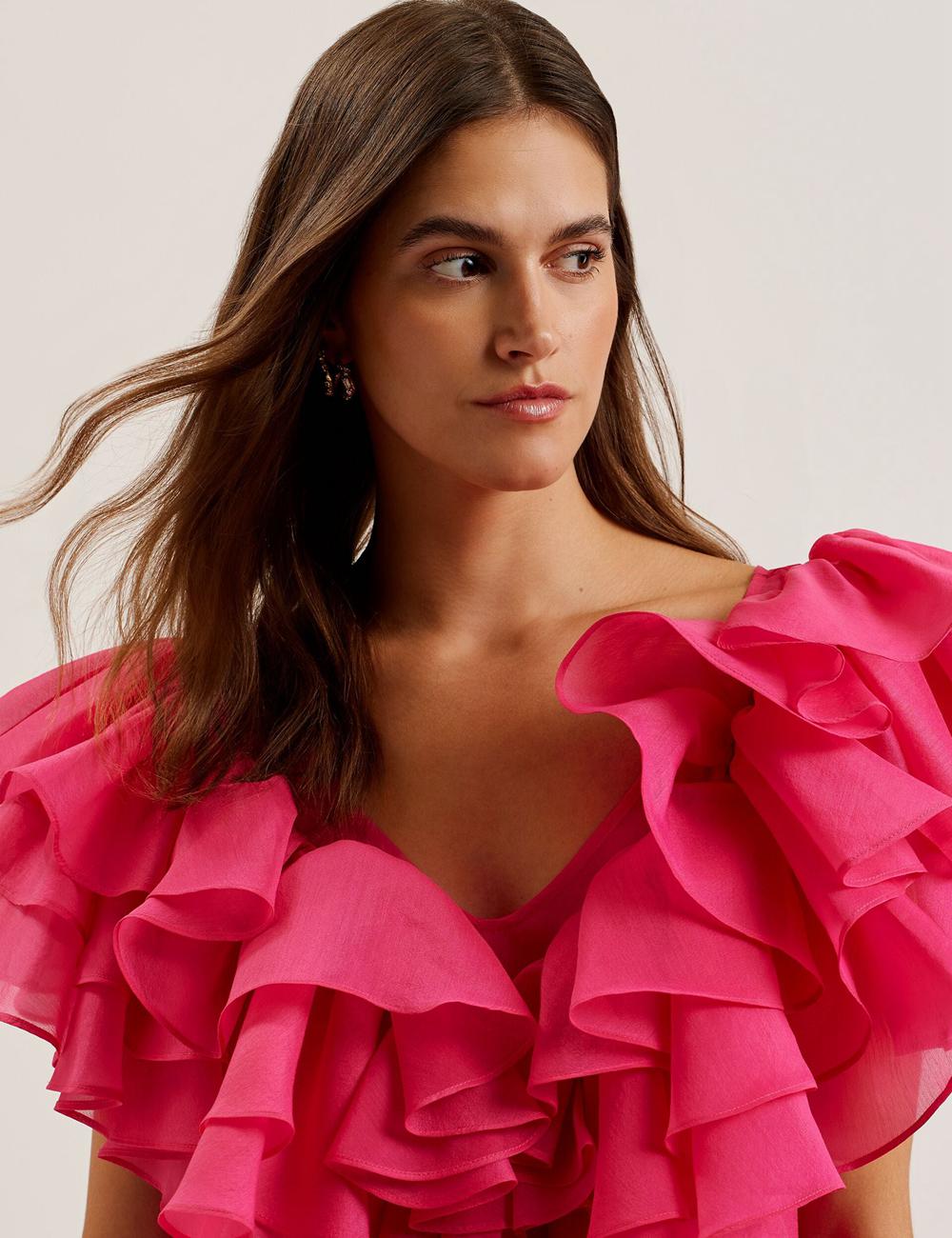 Fuchsia Women Ted Baker CALONDA - Oversized Frill Trim V-Neck Top Blouses | NZ  UALZ-26178