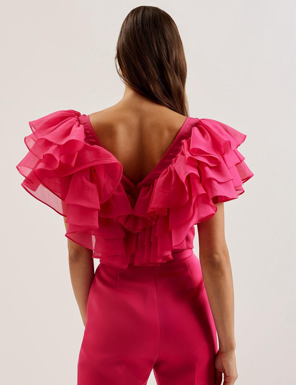 Fuchsia Women Ted Baker CALONDA - Oversized Frill Trim V-Neck Top Blouses | NZ  UALZ-26178