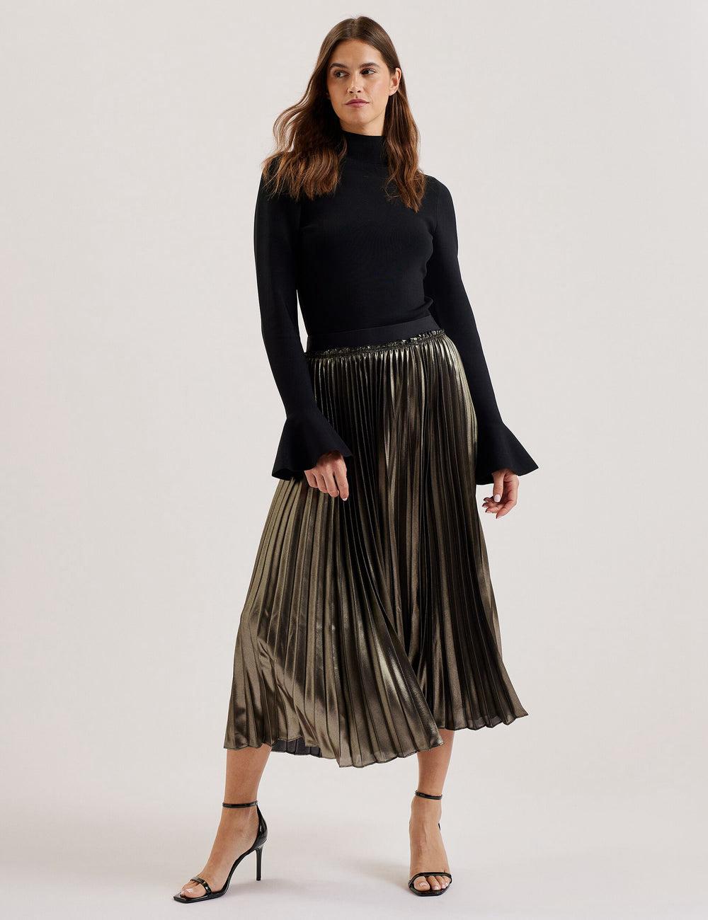 Gold Women Ted Baker KESE - Metallic Pleated A-Line Midi Skirts | NZ  KYTQ-54107