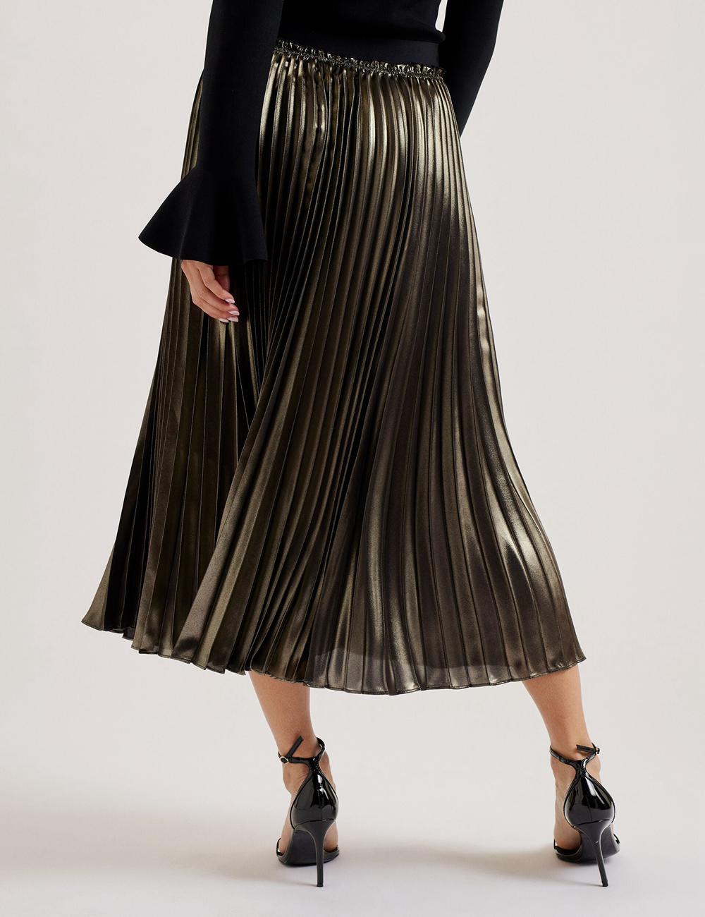 Gold Women Ted Baker KESE - Metallic Pleated A-Line Midi Skirts | NZ  KYTQ-54107