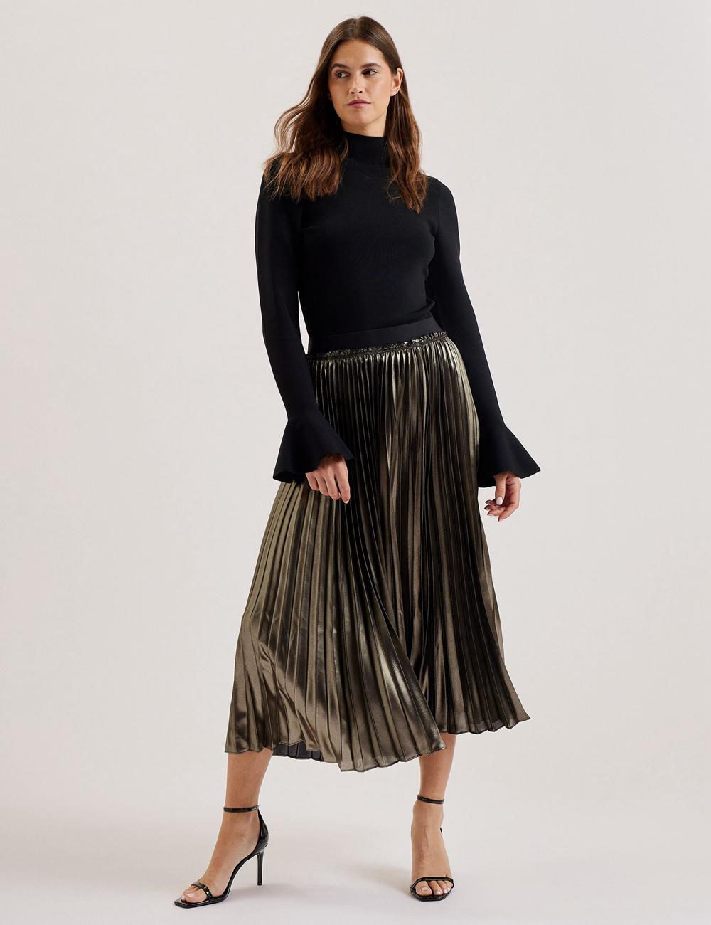 Gold Women Ted Baker KESE - Metallic Pleated A-Line Midi Skirts | NZ  KYTQ-54107
