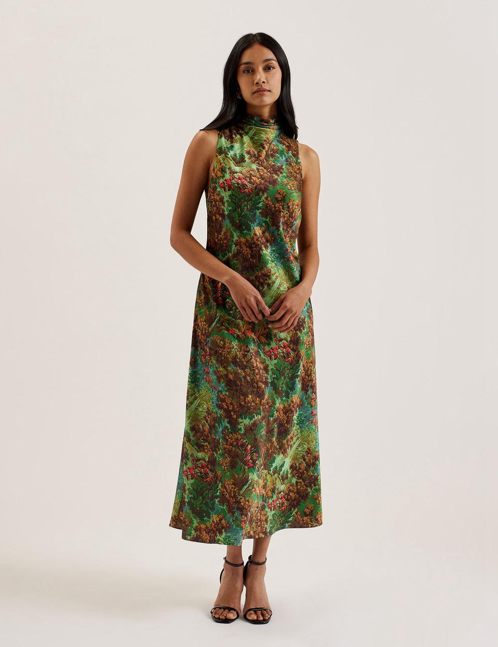 Green Women Ted Baker EYVA - Satin Printed High Neck Midi Slip Midi Dresses | NZ  RQVJ-45023