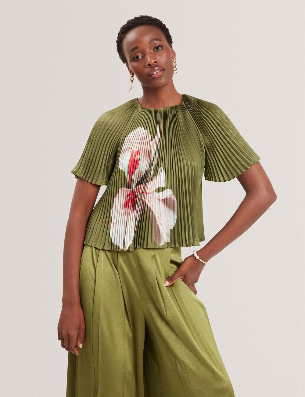 Green Women Ted Baker LIONAA - Floral Graphic Pleated Satin Short Sleeve Blouses | NZ  QDCZ-29186