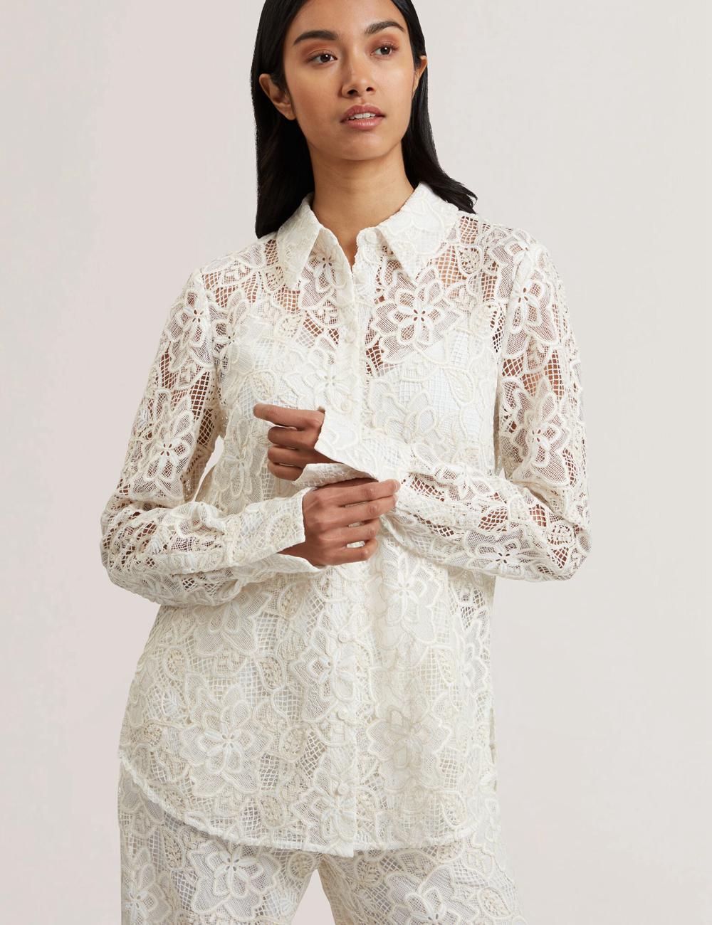 Ivory Women Ted Baker BLOND - Floral Lace Longline Cotton Shirt Tops | NZ  MUFI-94657