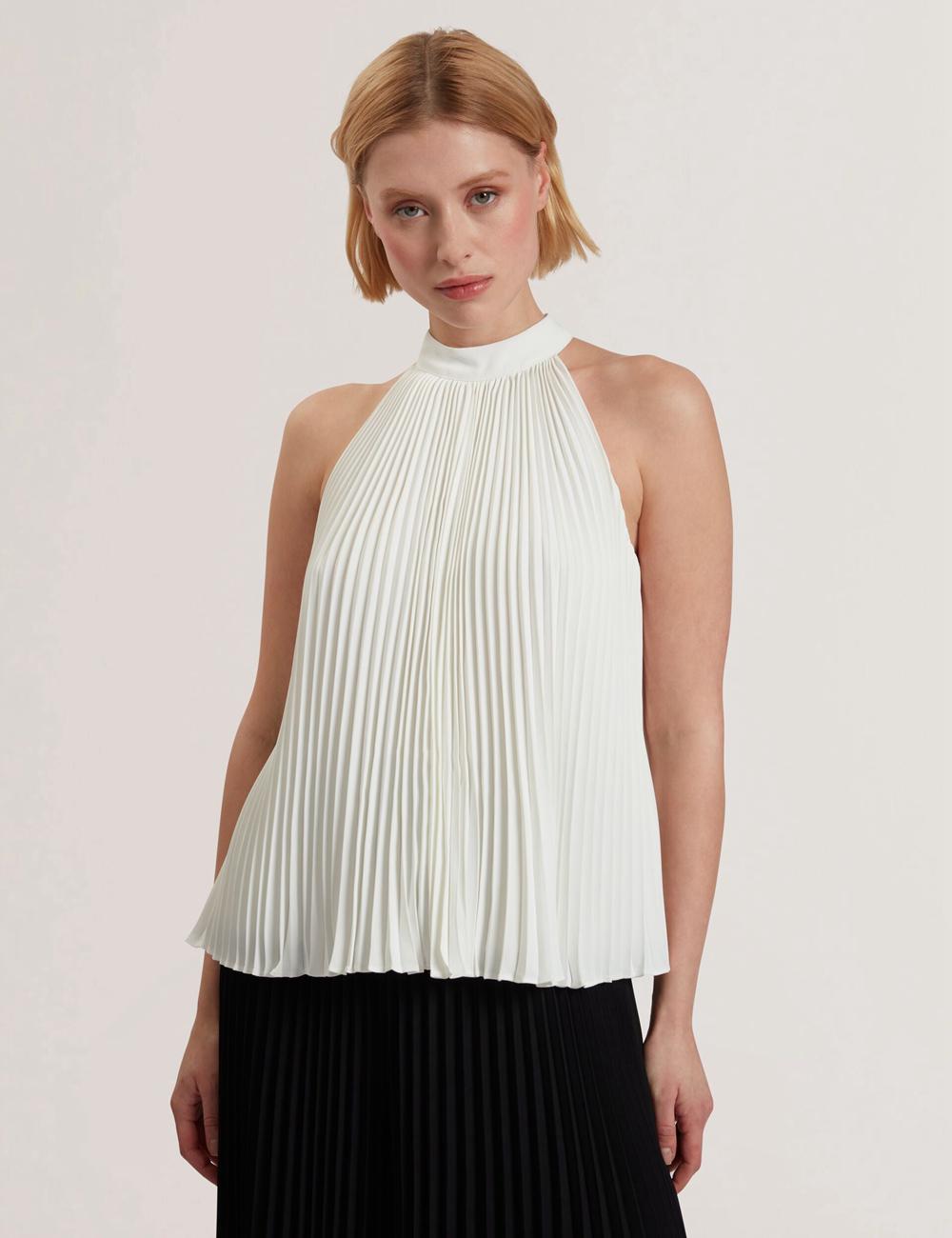 Ivory Women Ted Baker JAMAYA - High Halter Neck Pleated Sleeveless Tops | NZ  IRXD-57296