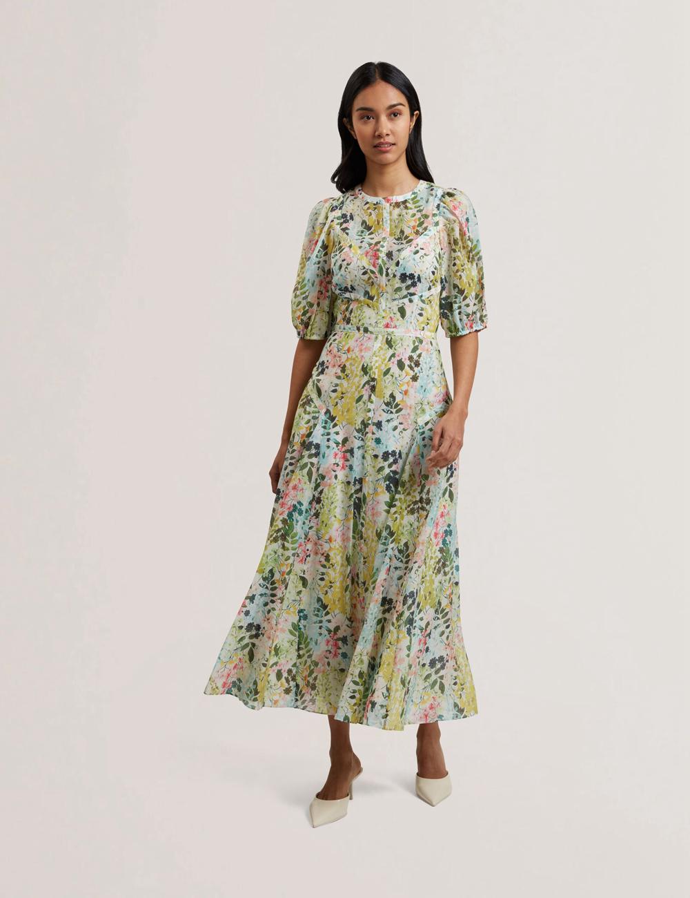 Ivory Women Ted Baker KANDEA - Floral Puff Sleeve A-Line Midi Dresses | NZ  DKJU-37960