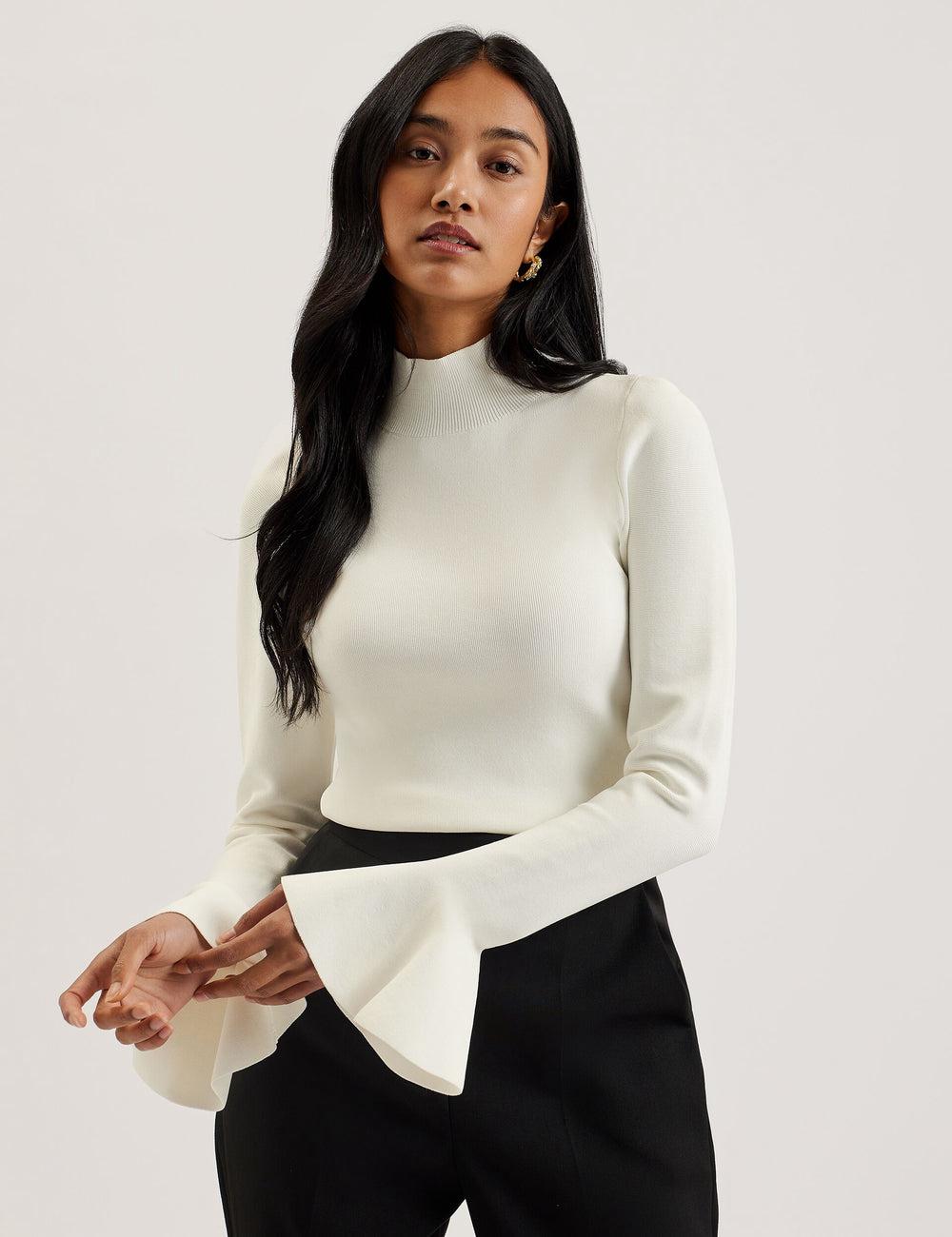 Ivory Women Ted Baker LAYNHA - Flared Sleeve High Neck Knitted Top Jumpers | NZ  AZBH-63079