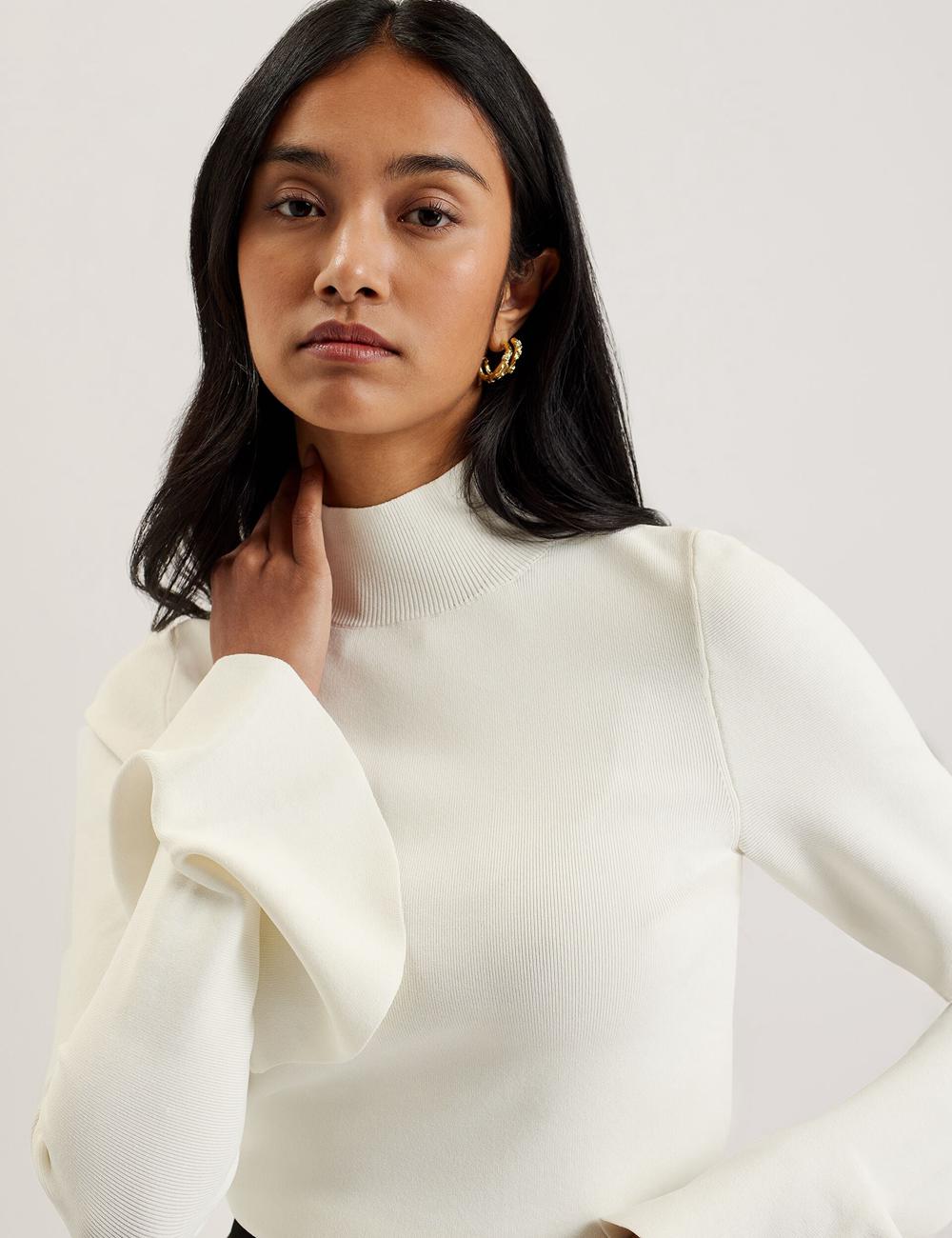 Ivory Women Ted Baker LAYNHA - Flared Sleeve High Neck Knitted Top Jumpers | NZ  AZBH-63079