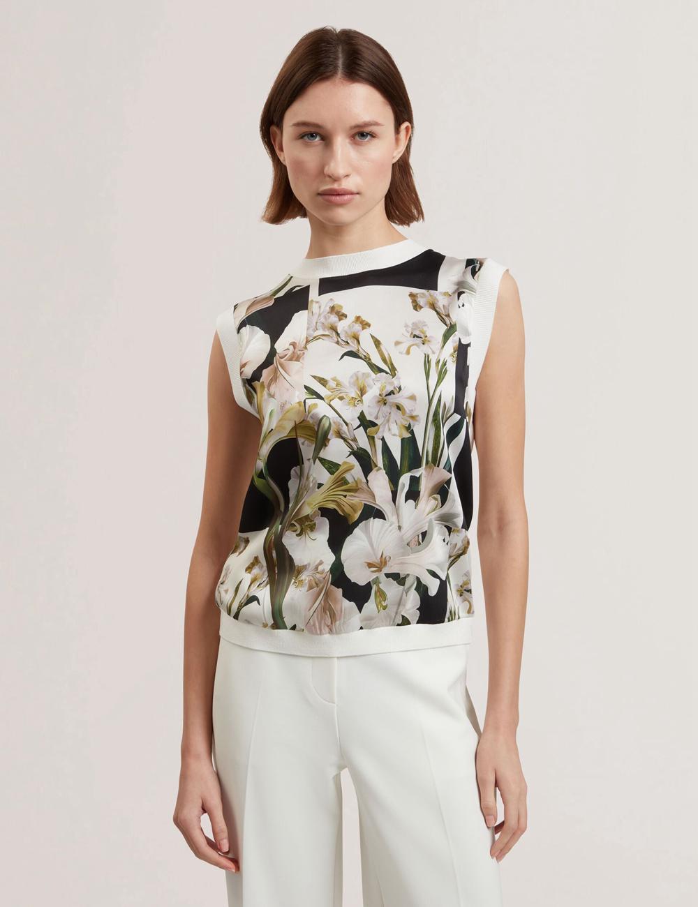 Ivory Women Ted Baker LIILEA - Floral Print Front Boxy Knitted Tops | NZ  IOSP-84067