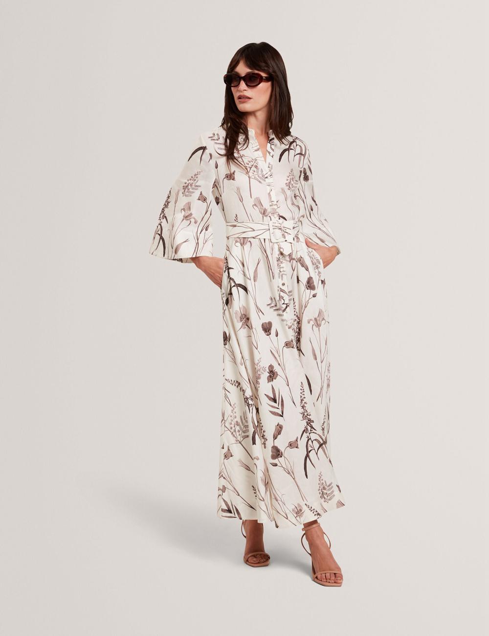 Ivory Women Ted Baker LUWISA - Floral Linen Silk Belted Midi Shirt Midi Dresses | NZ  HXTS-02183