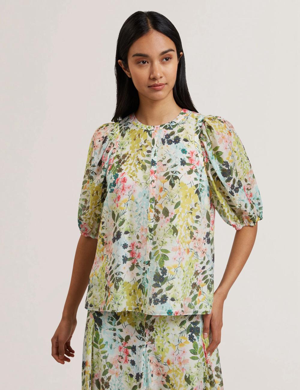 Ivory Women Ted Baker MICHA - Floral Binding Detail Puffed Sleeve Blouses | NZ  SQUB-52319