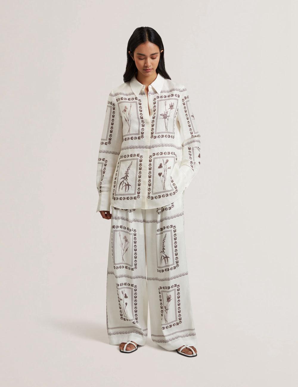 Ivory Women Ted Baker ORNITHA - Panel Print Silk Linen Wide Leg Trousers | NZ  VOYU-25430
