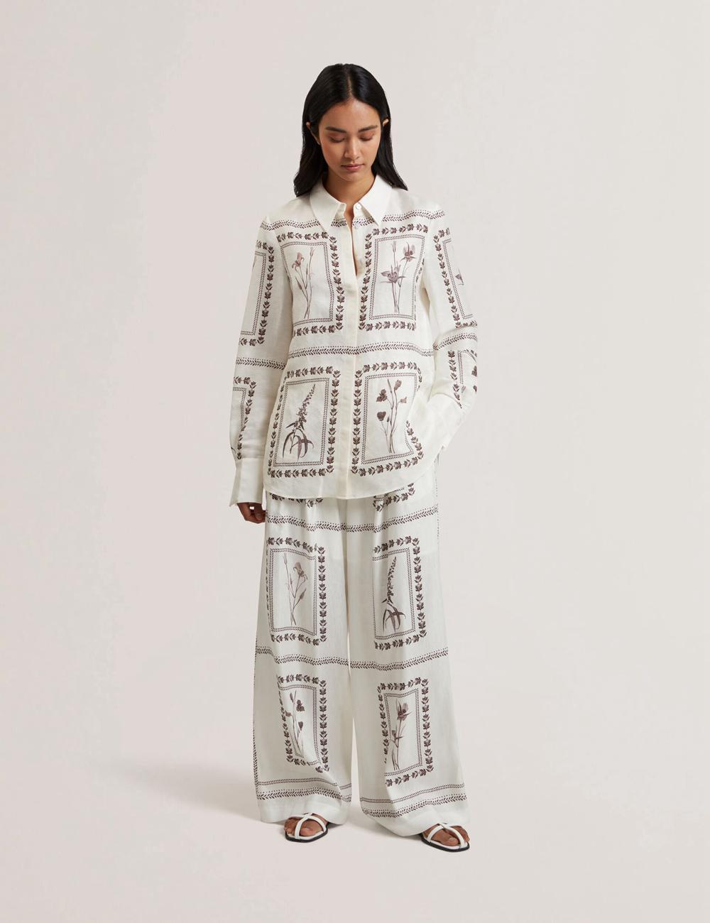 Ivory Women Ted Baker ORNITHA - Panel Print Silk Linen Wide Leg Trousers | NZ  VOYU-25430