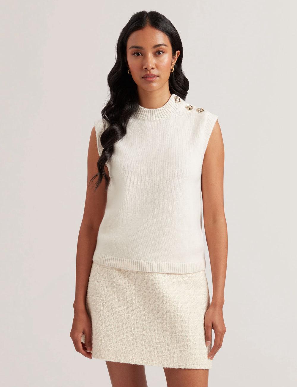 Ivory Women Ted Baker RONDHER - Rose Button Wool Knit Tank Tops | NZ  ZGWE-37294