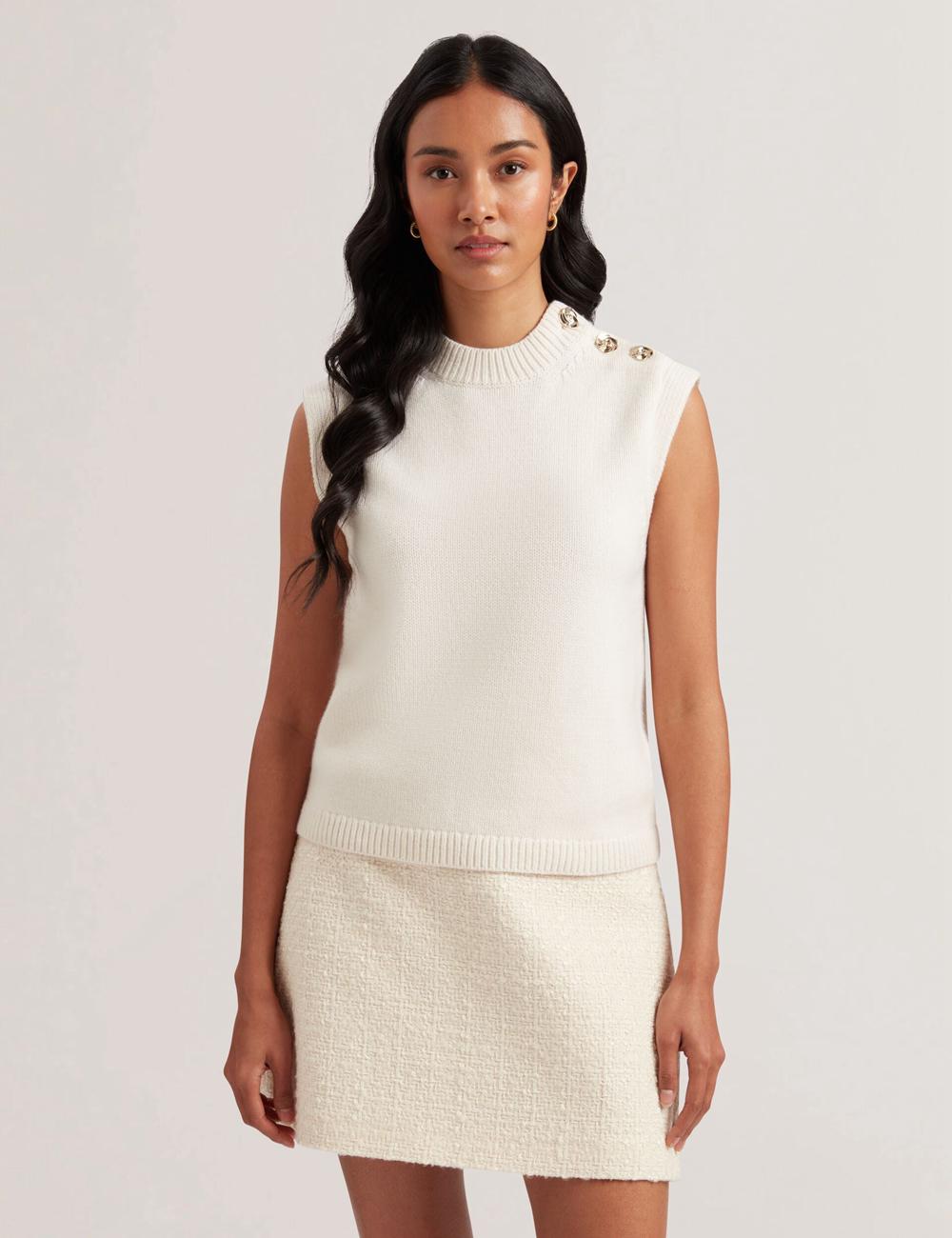 Ivory Women Ted Baker RONDHER - Rose Button Wool Knit Tank Tops | NZ  ZGWE-37294