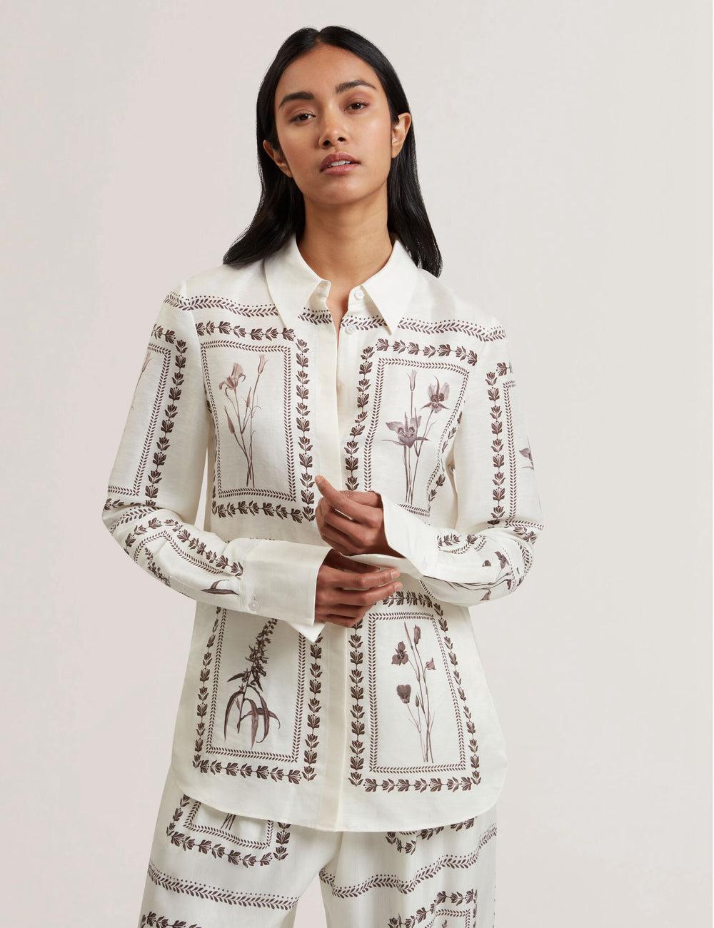 Ivory Women Ted Baker SIMCOA - Panel Print Silk Linen Longline Casual Shirts | NZ  XSHF-19653