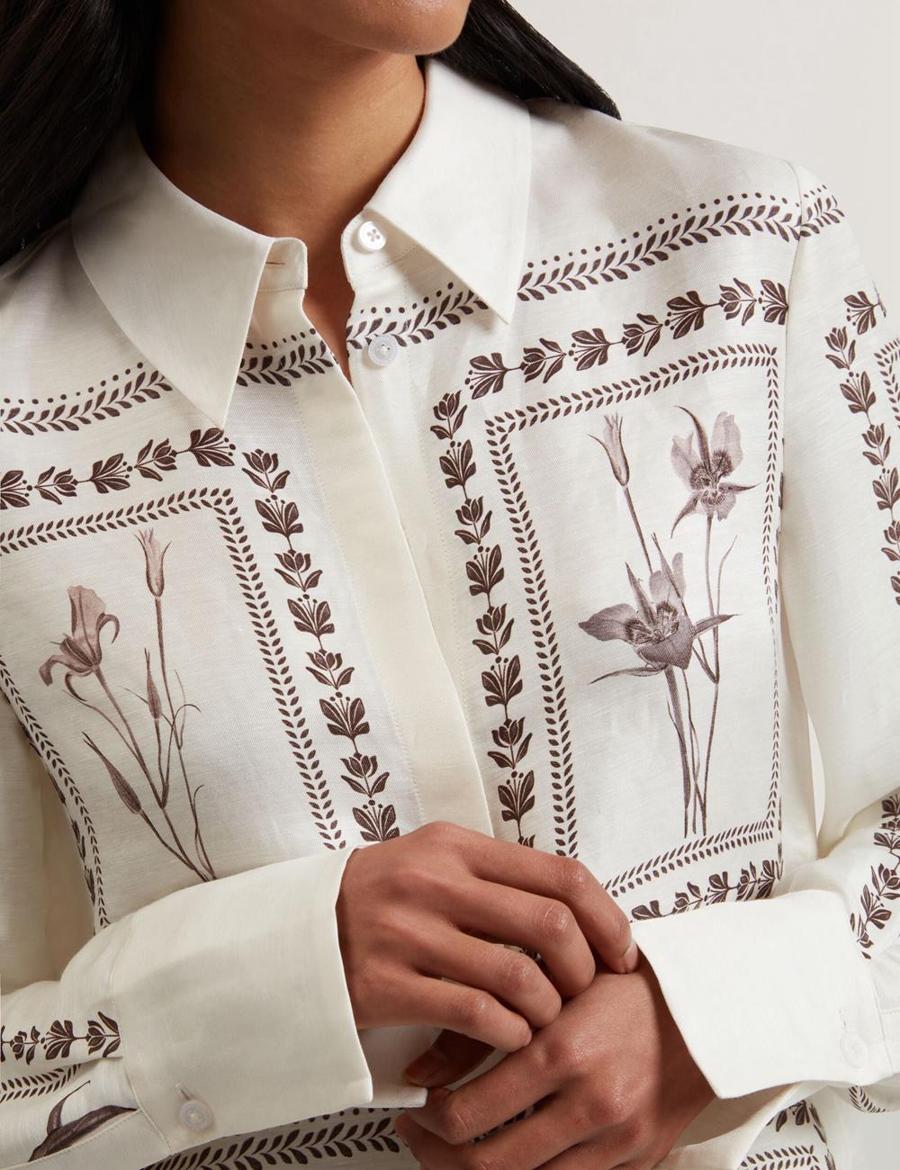 Ivory Women Ted Baker SIMCOA - Panel Print Silk Linen Longline Casual Shirts | NZ  XSHF-19653