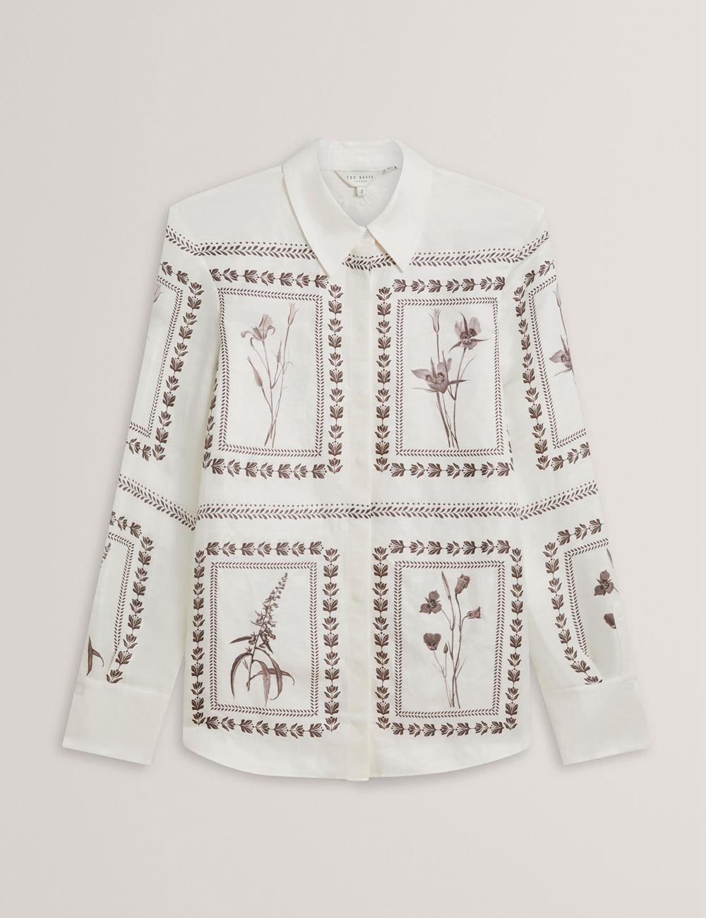 Ivory Women Ted Baker SIMCOA - Panel Print Silk Linen Longline Casual Shirts | NZ  XSHF-19653