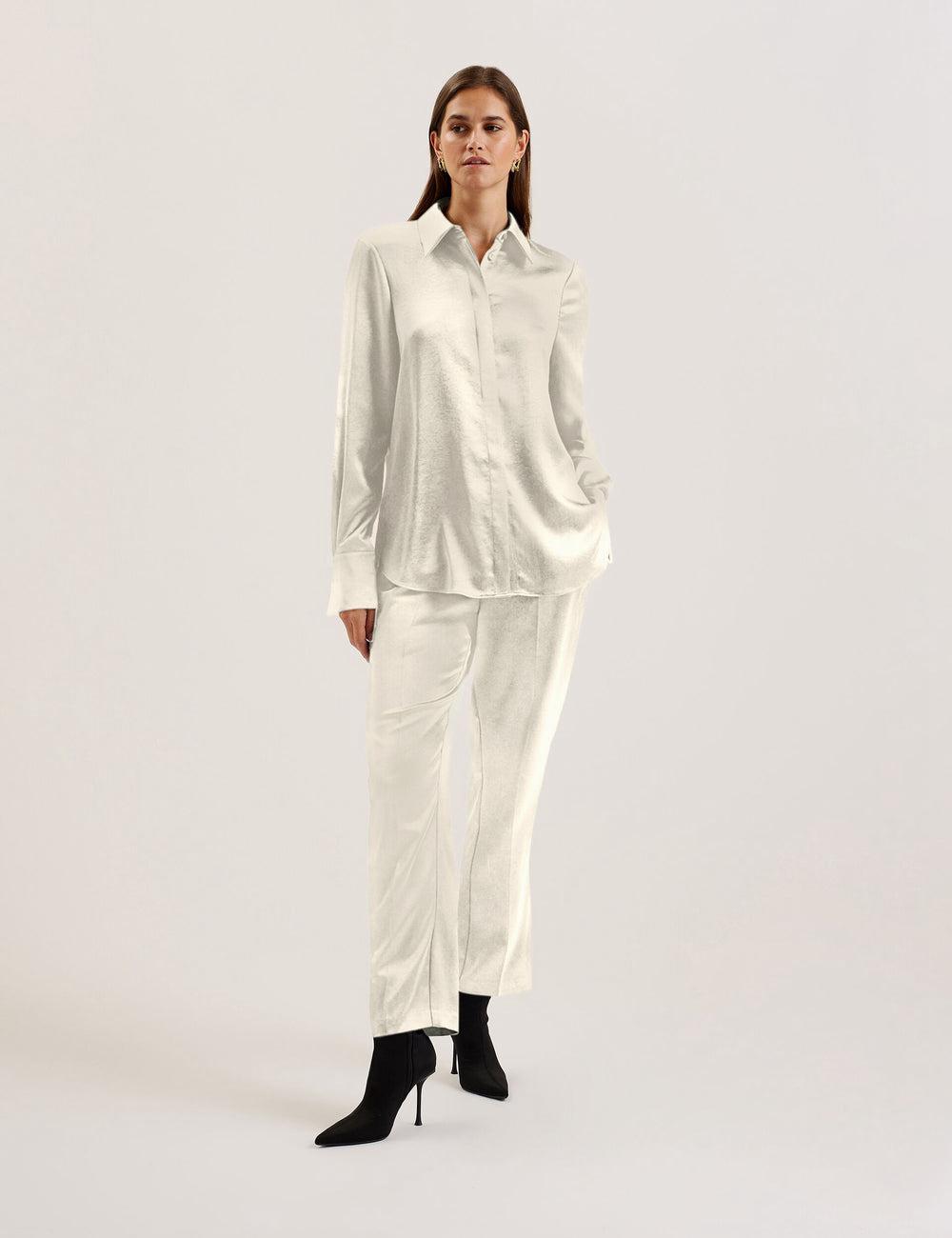 Ivory Women Ted Baker SONORA - Satin Longline Covered Placket Formal Shirts | NZ  QPSC-24651