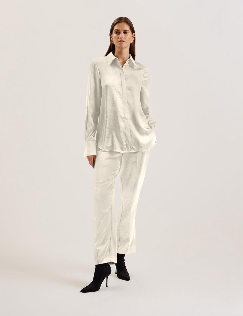 Ivory Women Ted Baker SONORA - Satin Longline Covered Placket Formal Shirts | NZ  QPSC-24651
