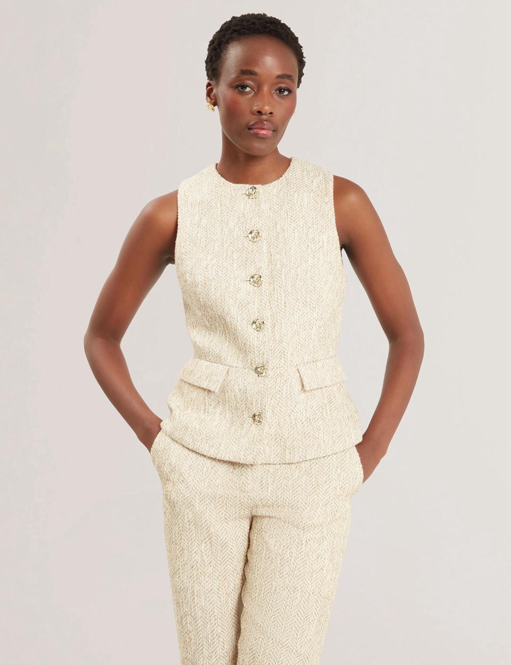Ivory Women Ted Baker VULPAT - Boucle Herringbone Wide Leg Tailored Trousers | NZ  CEUF-42185