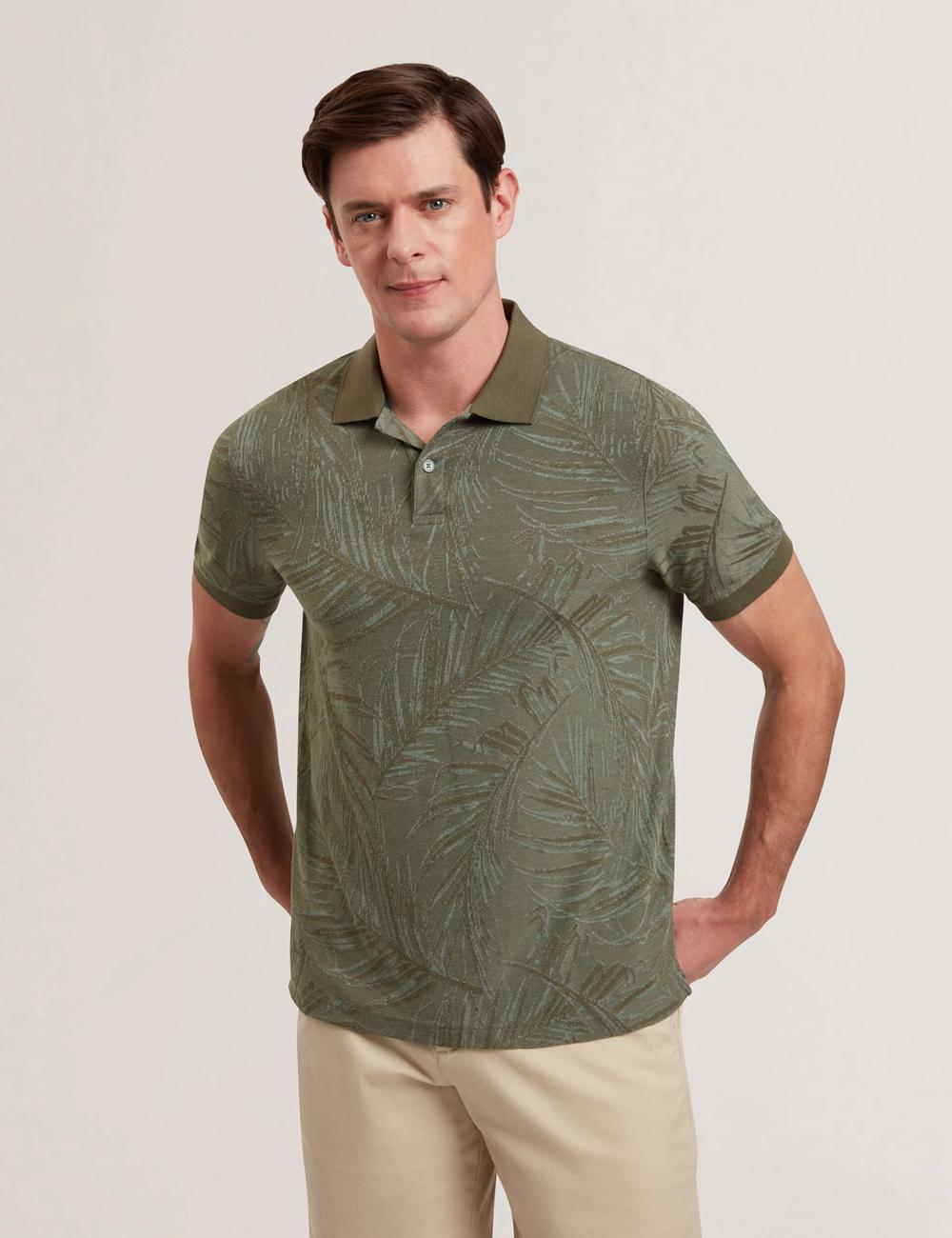 Khaki Men Ted Baker EDWINE - Leaf Print Short Sleeve Polos Shirts | NZ  YKAM-15374
