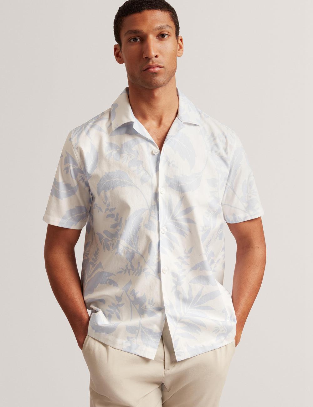 Lt-Blue Men Ted Baker KITS - Short Sleeve Relaxed Floral Print Casual Shirts | NZ  VHSZ-49082