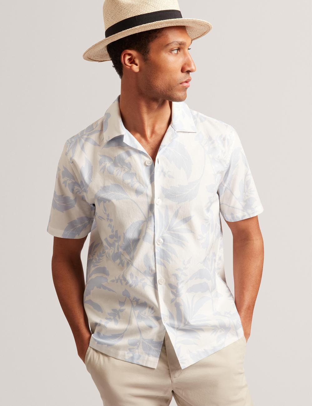 Lt-Blue Men Ted Baker KITS - Short Sleeve Relaxed Floral Print Casual Shirts | NZ  VHSZ-49082