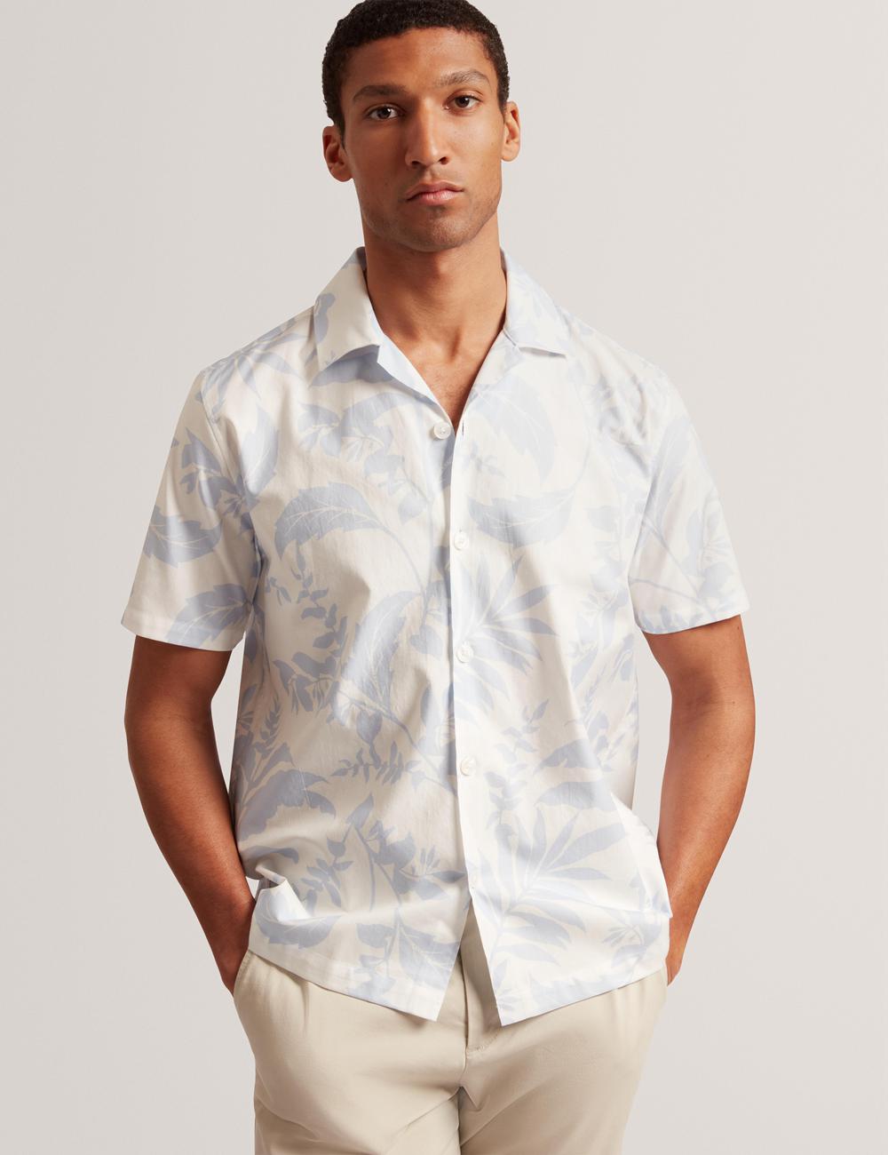 Lt-Blue Men Ted Baker KITS - Short Sleeve Relaxed Floral Print Casual Shirts | NZ  VHSZ-49082