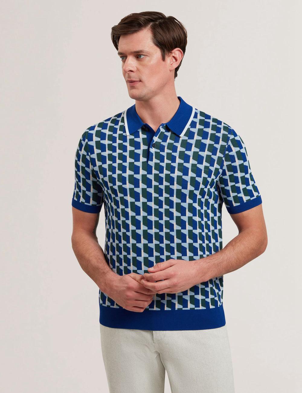 Lt-Navy Men Ted Baker ROSSIO - Geometric Knitted Short Sleeve Polos Shirts | NZ  SHGU-70281