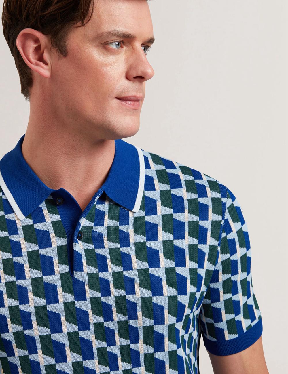 Lt-Navy Men Ted Baker ROSSIO - Geometric Knitted Short Sleeve Polos Shirts | NZ  SHGU-70281