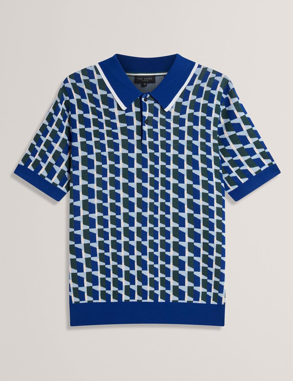 Lt-Navy Men Ted Baker ROSSIO - Geometric Knitted Short Sleeve Polos Shirts | NZ  SHGU-70281
