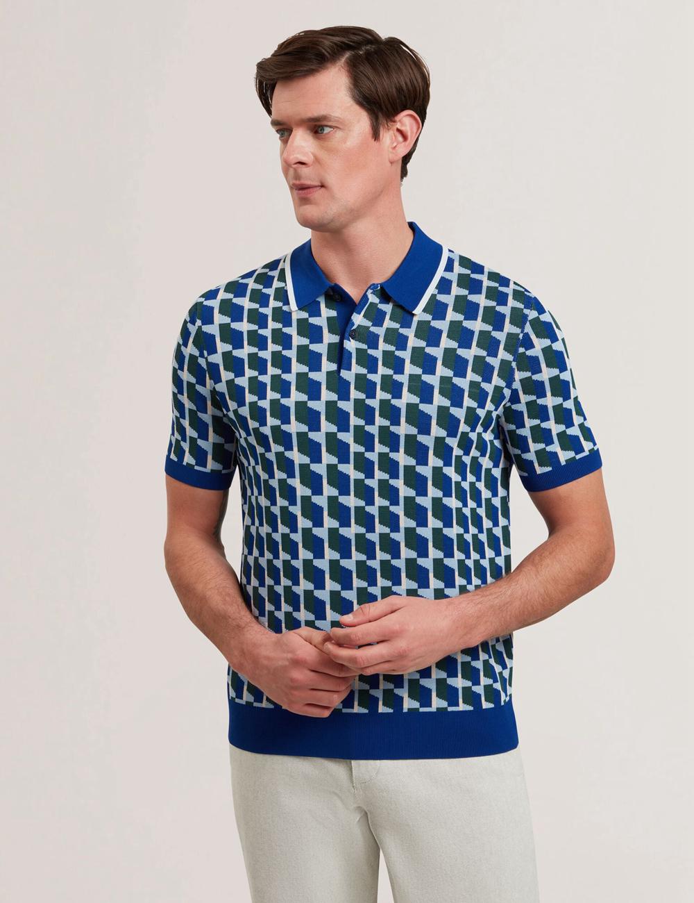 Lt-Navy Men Ted Baker ROSSIO - Geometric Knitted Short Sleeve Polos Shirts | NZ  SHGU-70281