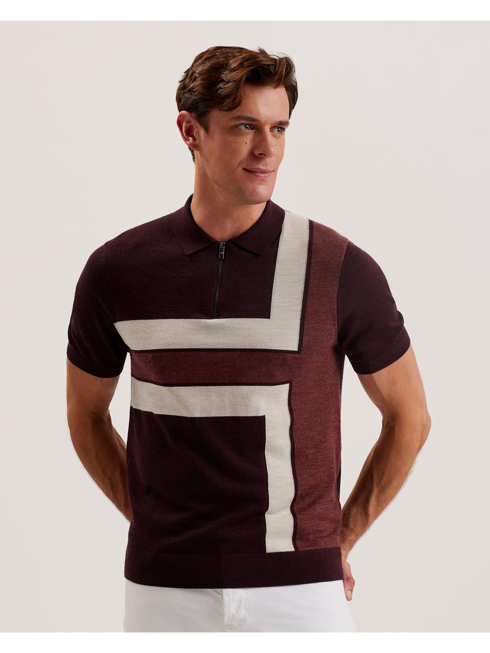 Maroon Men Ted Baker AMBLER - Colour Block Zip Neck Wool Polos Shirts | NZ  IZOD-26983