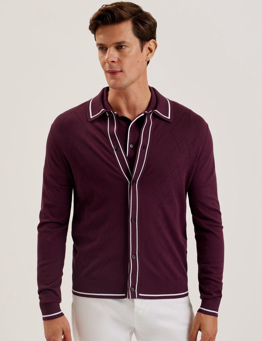 Maroon Men Ted Baker ELMDON - Pointelle Diamond Knitted Long Sleeve Casual Shirts | NZ  VNIP-31902