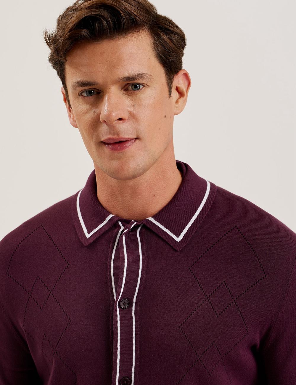 Maroon Men Ted Baker ELMDON - Pointelle Diamond Knitted Long Sleeve Casual Shirts | NZ  VNIP-31902