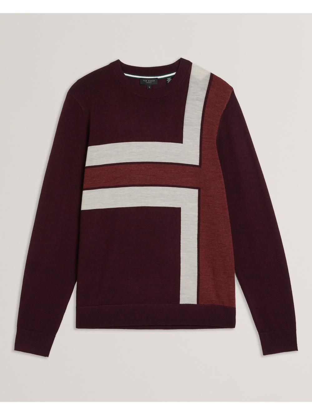 Maroon Men Ted Baker ROIKA - Colour Block Crew Neck Wool Jumpers | NZ  FVMG-70563