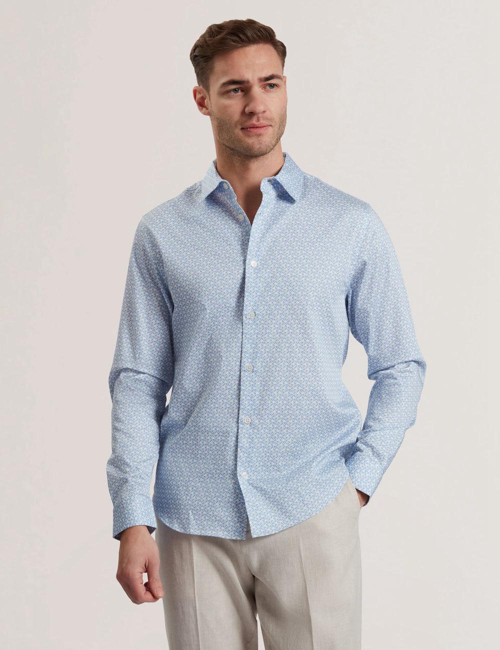 Mid-Blue Men Ted Baker ALPHAIS - Regular Fit Geometric Pure Cotton Casual Shirts | NZ  KZNQ-72850