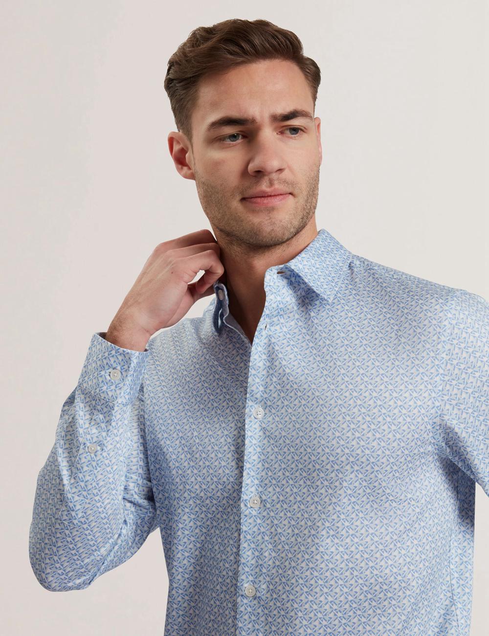 Mid-Blue Men Ted Baker ALPHAIS - Regular Fit Geometric Pure Cotton Casual Shirts | NZ  KZNQ-72850