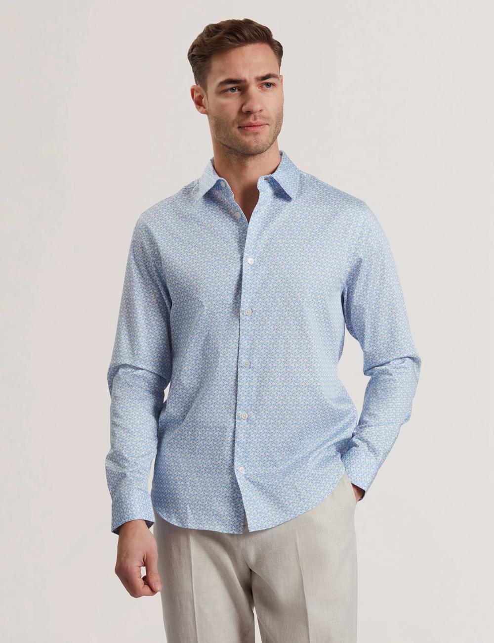 Mid-Blue Men Ted Baker ALPHAIS - Regular Fit Geometric Pure Cotton Casual Shirts | NZ  KZNQ-72850