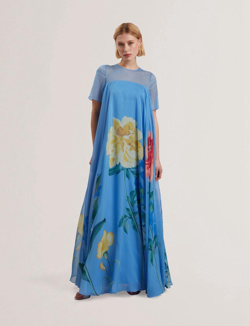 Mid-Blue Women Ted Baker MALRIE - Sheer Neck Floral Trapeze Maxi Dresses | NZ  SNOM-32685